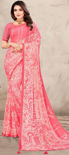 Casual Pink and Majenta color Saree in Chiffon fabric with Classic Lace, Printed work : 1877590