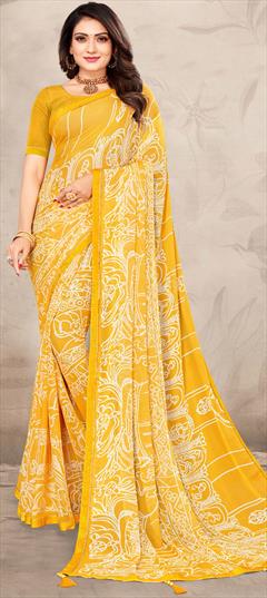Casual Yellow color Saree in Chiffon fabric with Classic Lace, Printed work : 1877593