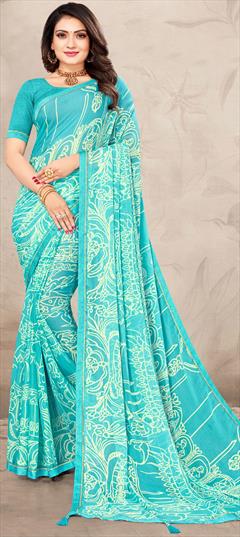 Casual Blue color Saree in Chiffon fabric with Classic Lace, Printed work : 1877594