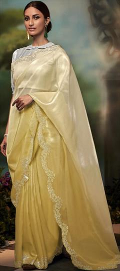 Traditional, Wedding Yellow color Saree in Art Silk, Silk fabric with South Border, Embroidered, Resham, Stone, Thread, Zari work : 1877606