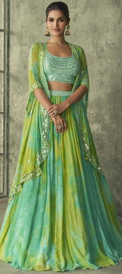 Engagement, Mehendi Sangeet, Reception Green color Ready to Wear Lehenga in Georgette fabric with Flared Embroidered, Thread work : 1877616