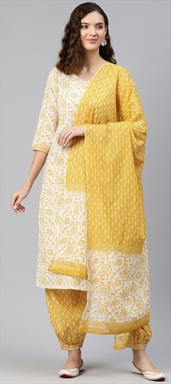 Party Wear, Summer White and Off White, Yellow color Salwar Kameez in Cotton fabric with Straight Printed work : 1877649