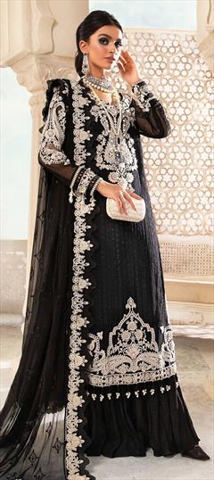 Festive, Party Wear Black and Grey color Salwar Kameez in Georgette fabric with Palazzo Embroidered, Thread, Zari work : 1877657