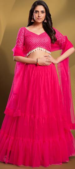 Mehendi Sangeet, Reception Pink and Majenta color Lehenga in Net fabric with Flared Sequence, Thread work : 1877702