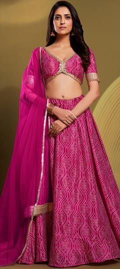 Mehendi Sangeet, Reception Pink and Majenta color Lehenga in Crepe Silk fabric with Flared Printed work : 1877708