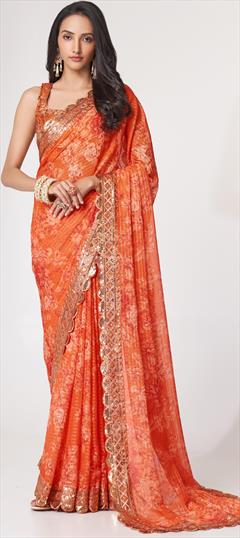 Engagement, Reception, Traditional Orange color Saree in Organza Silk, Silk fabric with South Digital Print, Embroidered, Floral, Sequence, Thread work : 1877999