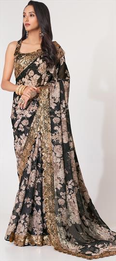 Engagement, Reception, Traditional Black and Grey color Saree in Organza Silk, Silk fabric with South Digital Print, Embroidered, Floral, Sequence, Thread work : 1878001
