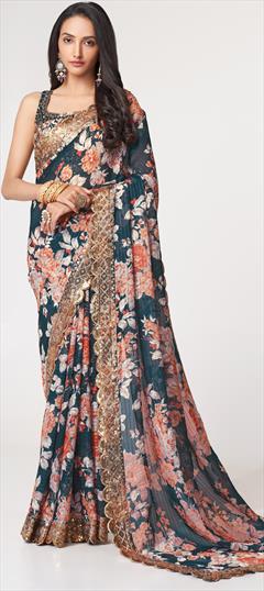Engagement, Reception, Traditional Blue color Saree in Organza Silk, Silk fabric with South Digital Print, Embroidered, Floral, Sequence, Thread work : 1878003