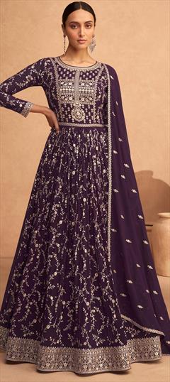 Party Wear, Reception Purple and Violet color Salwar Kameez in Faux Georgette fabric with Anarkali Embroidered, Sequence, Thread work : 1878023