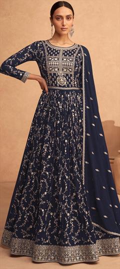 Party Wear, Reception Blue color Salwar Kameez in Faux Georgette fabric with Anarkali Embroidered, Sequence, Thread work : 1878026