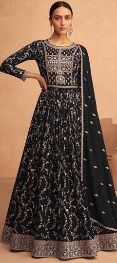 Party Wear, Reception Black and Grey color Salwar Kameez in Faux Georgette fabric with Anarkali Embroidered, Sequence, Thread work : 1878032