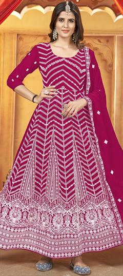 Engagement, Festive, Reception Pink and Majenta color Salwar Kameez in Faux Georgette fabric with Anarkali Embroidered, Thread, Zari work : 1878059