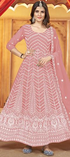 Engagement, Festive, Reception Pink and Majenta color Salwar Kameez in Faux Georgette fabric with Anarkali Embroidered, Thread, Zari work : 1878063