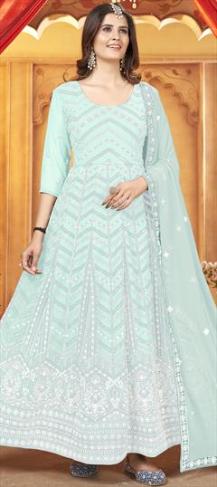 Engagement, Festive, Reception Blue color Salwar Kameez in Faux Georgette fabric with Anarkali Embroidered, Thread, Zari work : 1878065