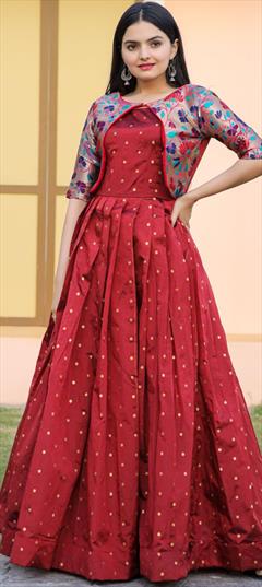 Party Wear, Reception Red and Maroon color Gown in Jacquard fabric with Weaving work : 1878073