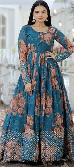 Party Wear, Reception Blue color Gown in Georgette fabric with Digital Print, Floral work : 1878075