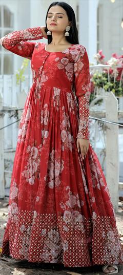 Party Wear, Reception Red and Maroon color Gown in Georgette fabric with Digital Print, Floral work : 1878076