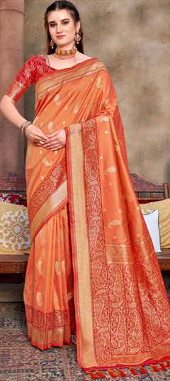 Party Wear, Traditional Orange color Saree in Art Silk, Silk fabric with South Weaving work : 1878214