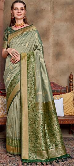 Party Wear, Traditional Green color Saree in Art Silk, Silk fabric with South Weaving work : 1878215