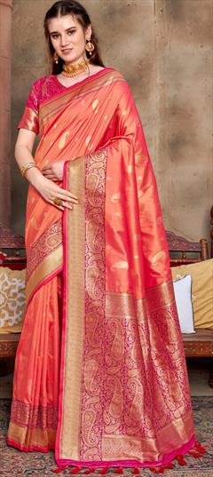 Party Wear, Traditional Pink and Majenta color Saree in Art Silk, Silk fabric with South Weaving work : 1878217