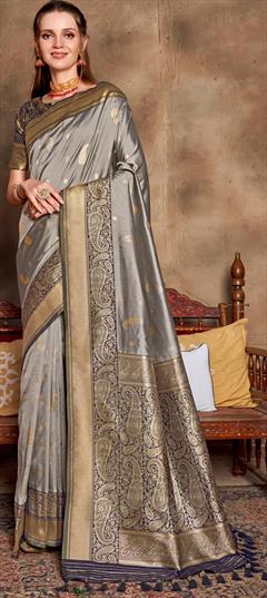 Party Wear, Traditional Black and Grey color Saree in Art Silk, Silk fabric with South Weaving work : 1878218
