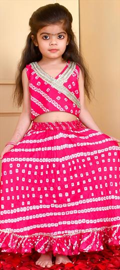 Festive Pink and Majenta color Kids Lehenga in Silk fabric with Flared Bandhej, Printed work : 1878220