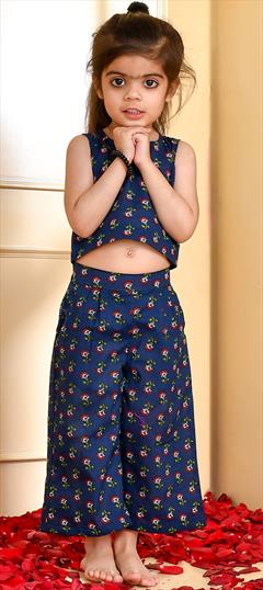 Festive Blue color Girls Top with Bottom in Cotton fabric with Palazzo Printed work : 1878263