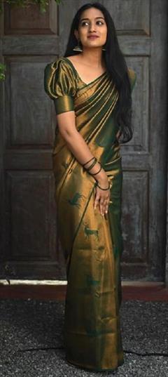 Party Wear, Traditional Green color Saree in Litchi Silk, Silk fabric with South Weaving work : 1878313