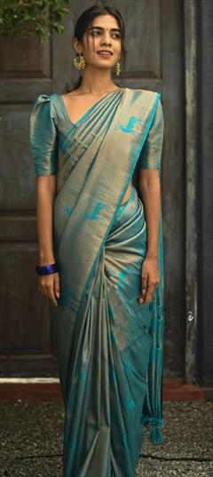 Party Wear, Traditional Blue color Saree in Litchi Silk, Silk fabric with South Weaving work : 1878314