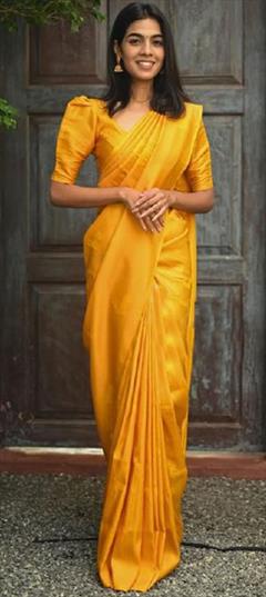 Party Wear, Traditional Yellow color Saree in Litchi Silk, Silk fabric with South Weaving work : 1878316