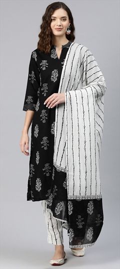 Party Wear, Summer Black and Grey color Salwar Kameez in Cotton fabric with Straight Printed, Thread work : 1878329