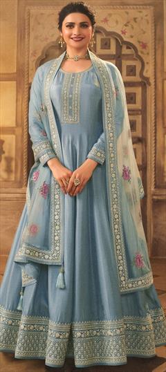 Bollywood Black and Grey color Salwar Kameez in Dolla Silk fabric with Anarkali Thread, Zari work : 1878387