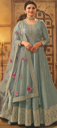 Bollywood Black and Grey color Salwar Kameez in Dolla Silk fabric with Anarkali Thread, Zari work : 1878390