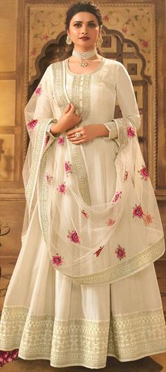 Bollywood White and Off White color Salwar Kameez in Dolla Silk fabric with Anarkali Thread, Zari work : 1878391