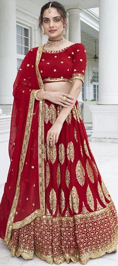Bridal, Wedding Red and Maroon color Lehenga in Faux Georgette fabric with A Line Embroidered, Sequence, Thread work : 1878654