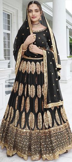 Mehendi Sangeet, Reception, Wedding Black and Grey color Lehenga in Faux Georgette fabric with A Line Embroidered, Sequence, Thread work : 1878655