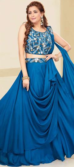 Designer, Engagement, Mehendi Sangeet Blue color Ready to Wear Lehenga in Silk fabric with Umbrella Shape Sequence work : 1878696