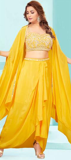 Designer, Engagement, Mehendi Sangeet Yellow color Ready to Wear Lehenga in Satin Silk fabric with Ruffle Embroidered, Thread work : 1878697