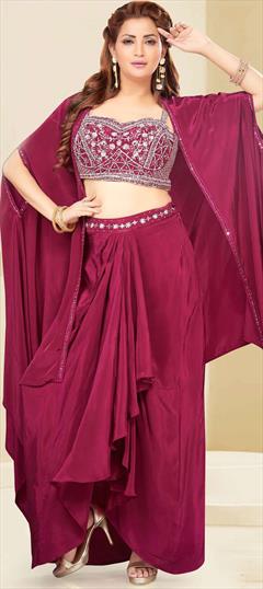 Designer, Engagement, Mehendi Sangeet Pink and Majenta color Ready to Wear Lehenga in Satin Silk fabric with Ruffle Bugle Beads, Embroidered, Thread work : 1878698