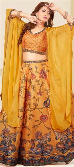 Designer, Engagement, Mehendi Sangeet Yellow color Ready to Wear Lehenga in Silk fabric with Flared Printed work : 1878700