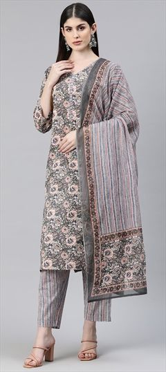 Party Wear, Summer Black and Grey color Salwar Kameez in Cotton fabric with Straight Bugle Beads, Printed work : 1878825