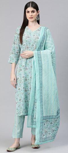 Party Wear, Summer Green color Salwar Kameez in Cotton fabric with Straight Bugle Beads, Printed work : 1878826