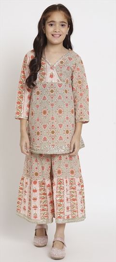 Festive, Summer Beige and Brown color Girls Top with Bottom in Cotton fabric with Gota Patti, Printed work : 1878925