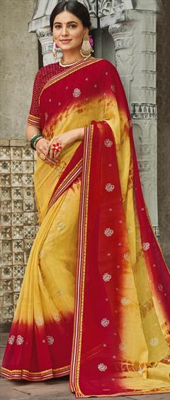 Engagement, Mehendi Sangeet, Reception Red and Maroon color Saree in Chiffon fabric with Classic Foil Print, Thread work : 1878971