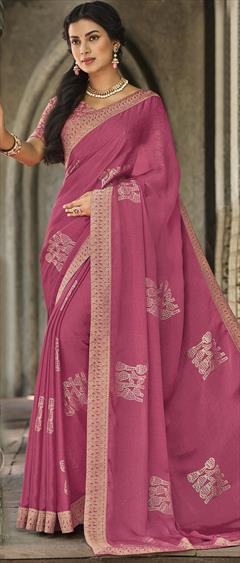 Engagement, Mehendi Sangeet, Reception Pink and Majenta color Saree in Chiffon fabric with Classic Foil Print, Printed work : 1878983