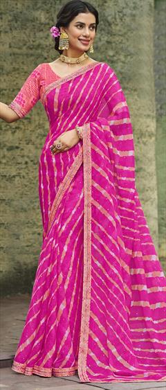 Engagement, Mehendi Sangeet, Reception Pink and Majenta color Saree in Chiffon fabric with Classic Stone work : 1878998