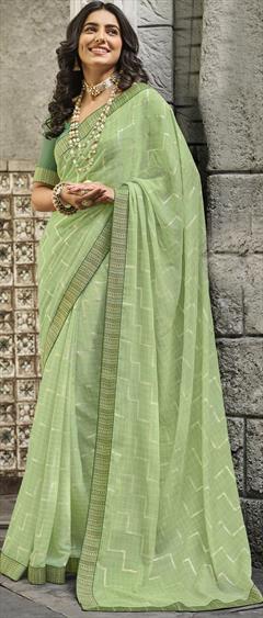 Engagement, Mehendi Sangeet, Reception Green color Saree in Chiffon fabric with Classic Foil Print, Printed work : 1878999