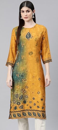 Casual Green, Yellow color Kurti in Viscose fabric with Long Sleeve, Straight Printed, Sequence, Thread work : 1879066