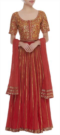 Engagement, Mehendi Sangeet, Wedding Red and Maroon color Ready to Wear Lehenga in Georgette fabric with Flared Gota Patti work : 1879171