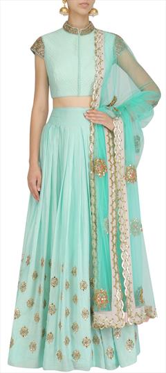 Engagement, Mehendi Sangeet, Wedding Blue color Ready to Wear Lehenga in Silk fabric with Flared Embroidered work : 1879177
